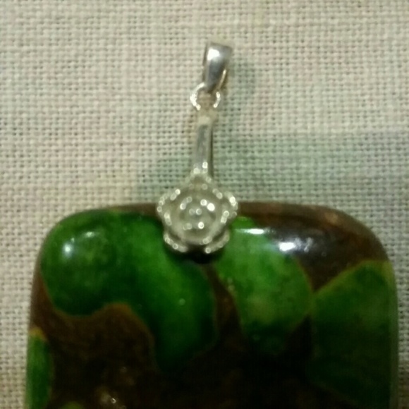 Green Brown Stone Pendant Silver tone Rose Bail - Picture 2 of 2